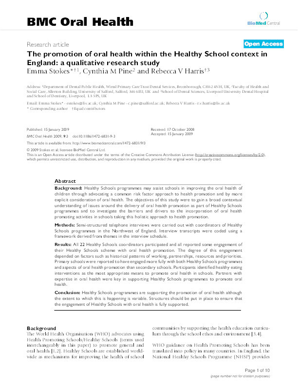 The promotion of oral health within the Healthy School context in England: a qualitative research study Thumbnail
