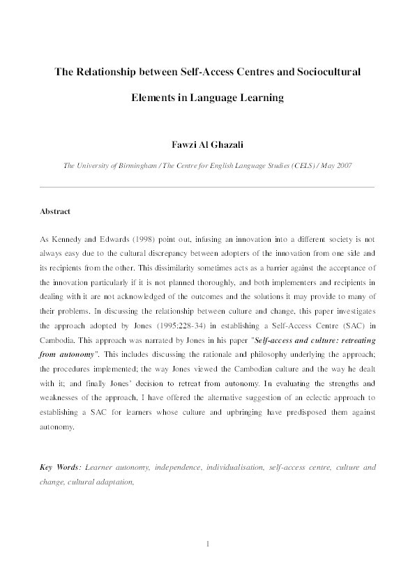 The relationship between self-access centres and sociocultural elements in language learning Thumbnail