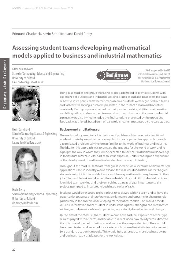 Assessing student teams developing mathematical models applied to business and industrial mathematics Thumbnail