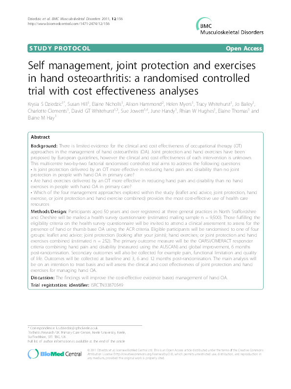 Self management, joint protection and exercises in hand osteoarthritis: a randomised controlled trial with cost effectiveness analyses Thumbnail