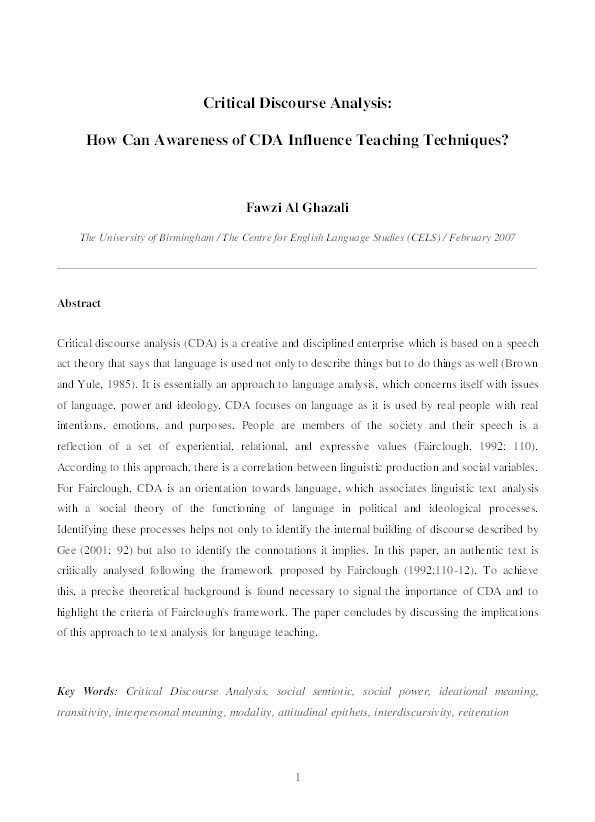 Critical discourse analysis: How can awareness of CDA influence teaching techniques? Thumbnail