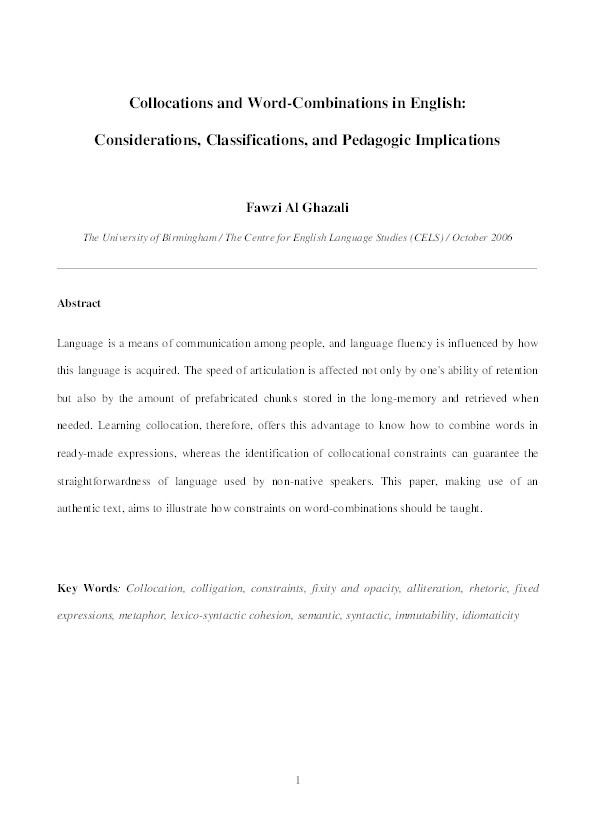 Collocations and word-combinations in English:
Considerations, classifications, and pedagogic implications Thumbnail