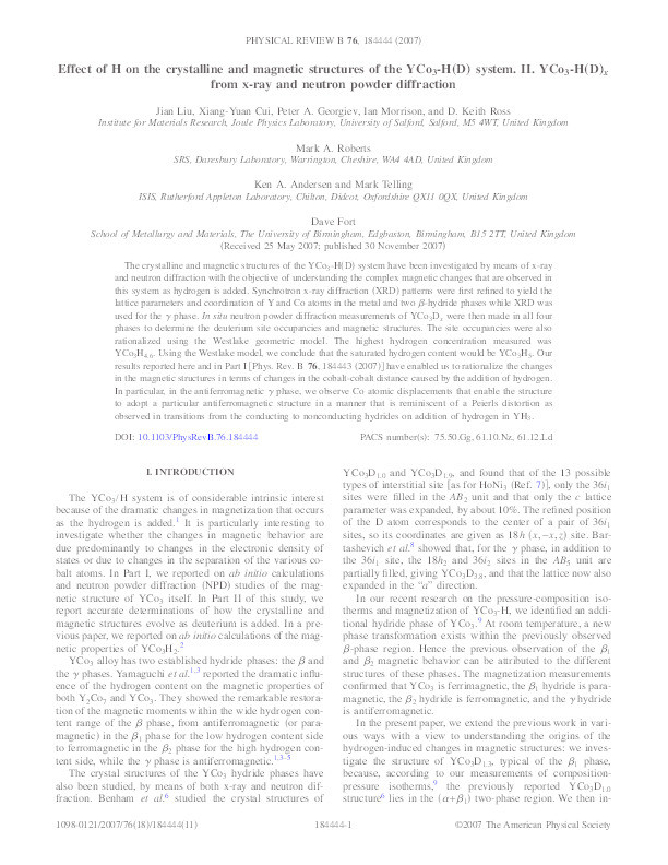 Effect of H on the crystalline and magnetic structures of the Y-Co3 H(D) system. II YCo-H(D) from X-ray and neutron powder diffraction Thumbnail