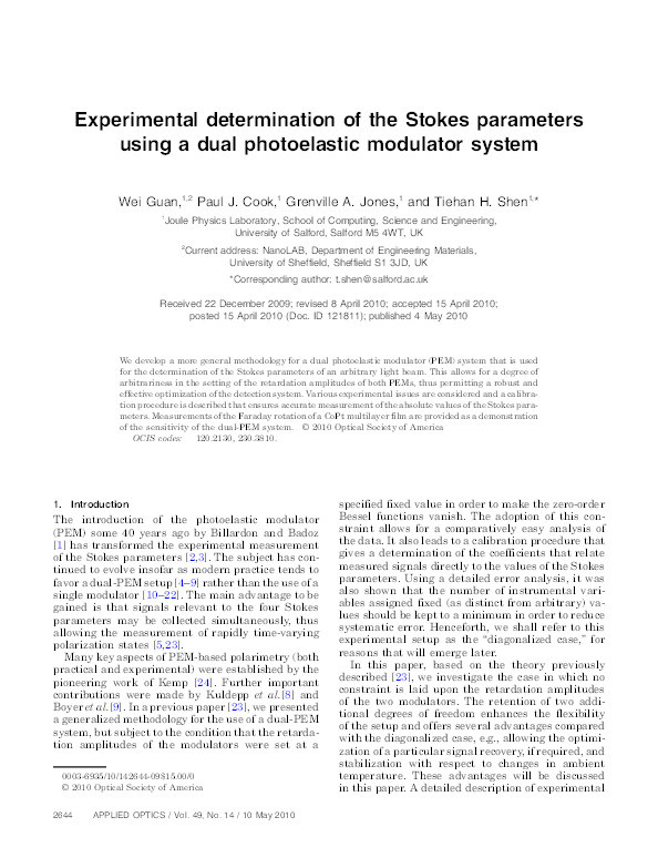 Experimental determination of the Stokes parameters using a dual photoelastic modulator system Thumbnail