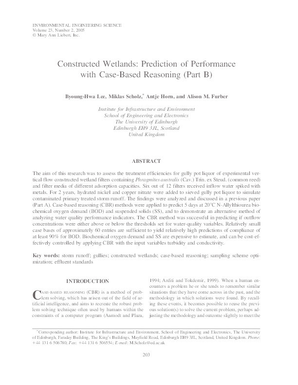 Constructed wetlands: Prediction of performance with case-based reasoning (part B) Thumbnail