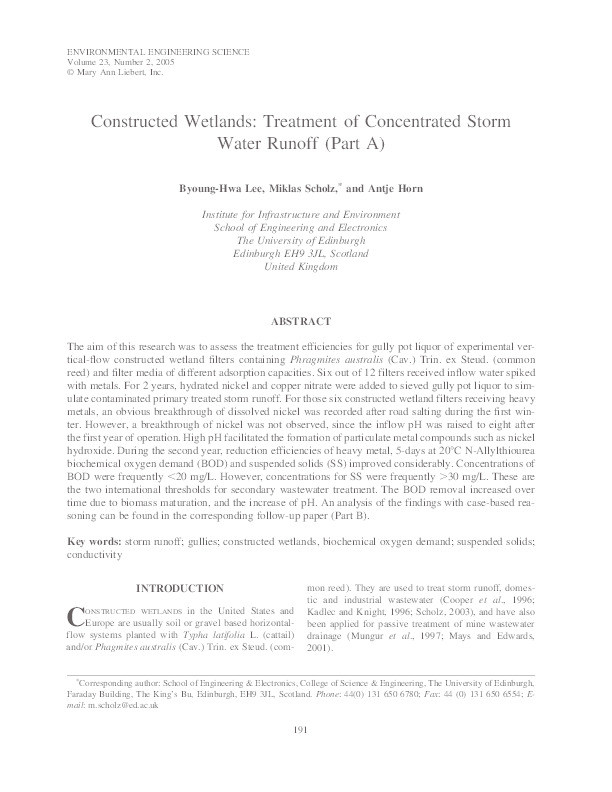 Constructed wetlands: Treatment of concentrated storm water runoff (part A) Thumbnail