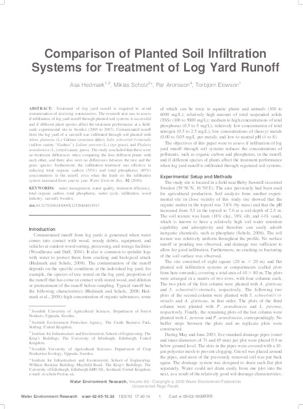 Comparison of planted soil infiltration systems for treatment of log yard runoff Thumbnail