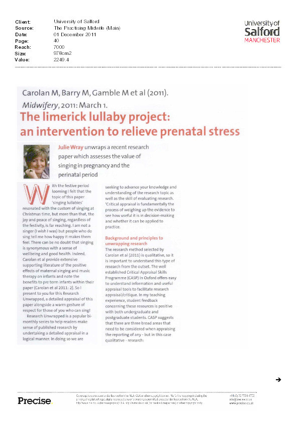 The limerick lullaby project: an intervention to relieve prenatal stress.(Research Unwrapped) Thumbnail