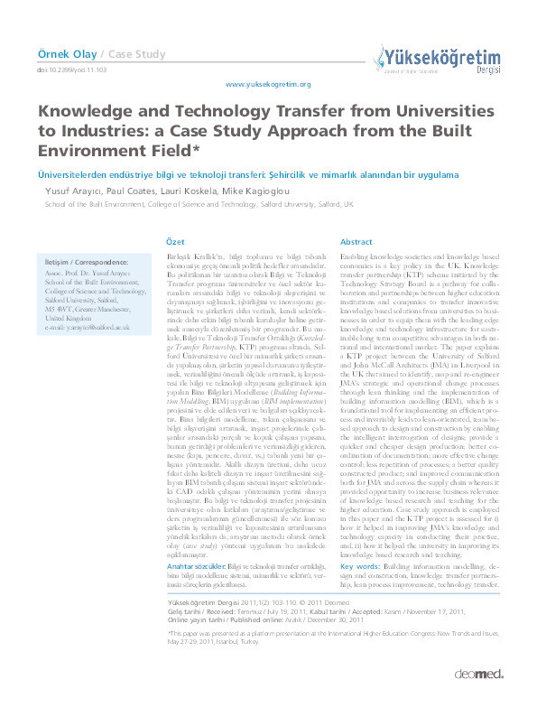 Knowledge and technology transfer from universities to industries: a case study approach from the built environment field Thumbnail