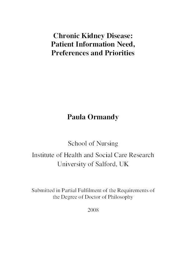 Chronic kidney disease : patient information needs, preferences and priorities Thumbnail