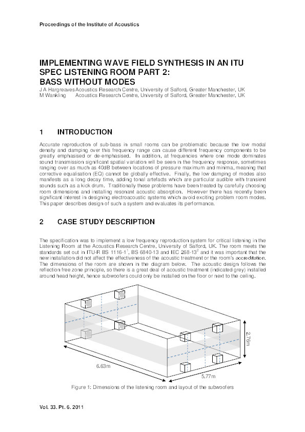 Implementing wave field synthesis in an ITU spec listening room part 2: Bass without modes Thumbnail