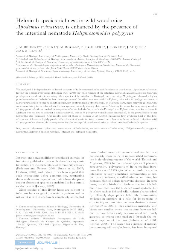 Helminth species richness in wild wood mice, Apodemus sylvaticus, is enhanced by the presence of the intestinal nematode Heligmosomoides polygyrus Thumbnail