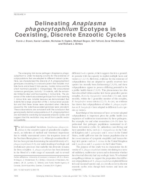 Delineating anaplasma phagocytophilum ecotypes in coexisting, discrete enzootic cycles Thumbnail
