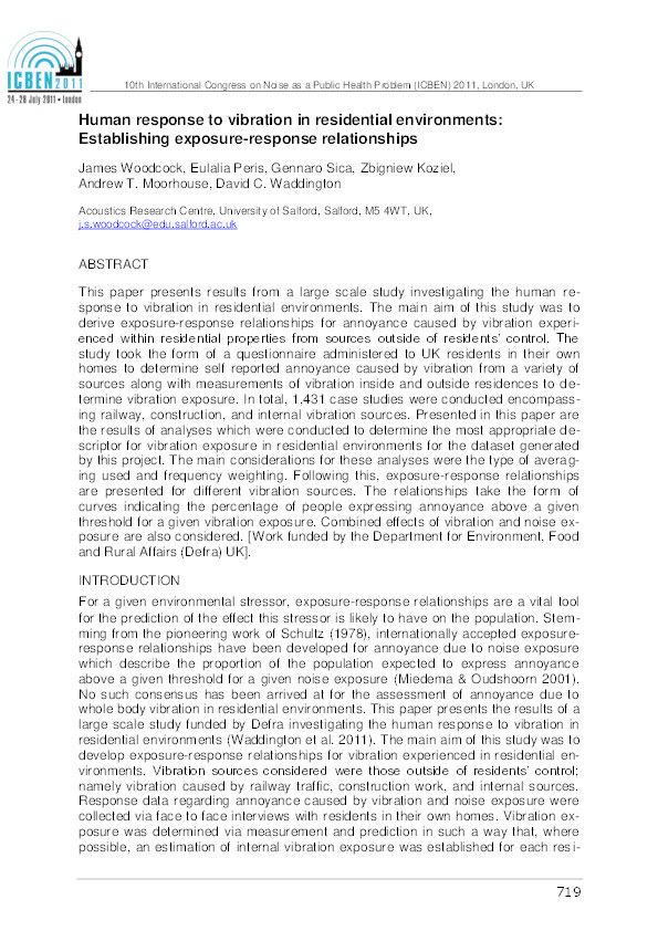 Human response to vibration in residential environments :
establishing exposure-response relationships Thumbnail