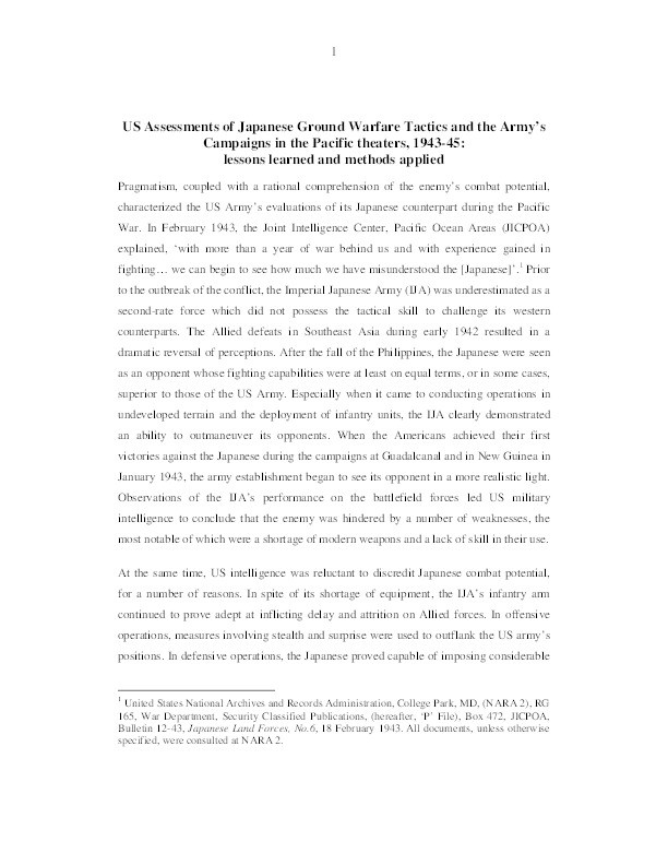 US assessments of Japanese ground warfare tactics and the Army’s campaigns in the Pacific theaters, 1943-45: 
lessons learned and methods applied Thumbnail