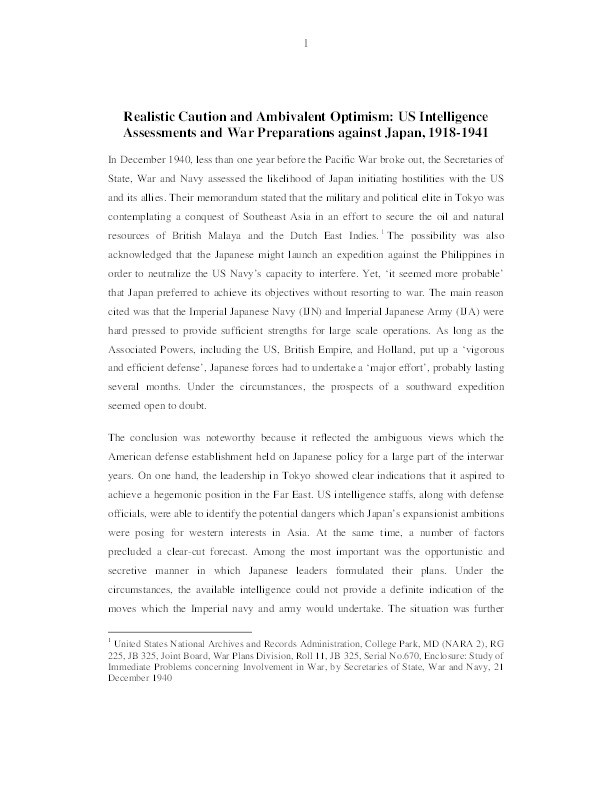 Realistic caution and ambivalent optimism: US intelligence assessments and war preparations against Japan, 1918-1941 Thumbnail