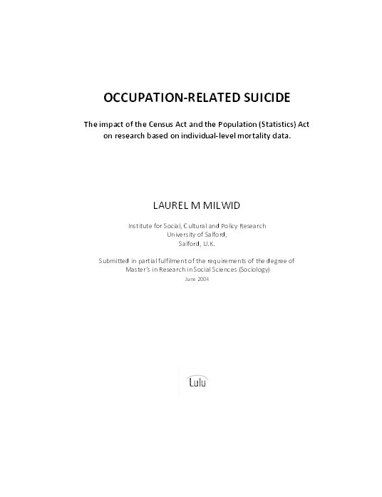 Occupation-related suicide: The impact of the Census Act and the Population (Statistics) Act on research based on individual-level mortality data Thumbnail