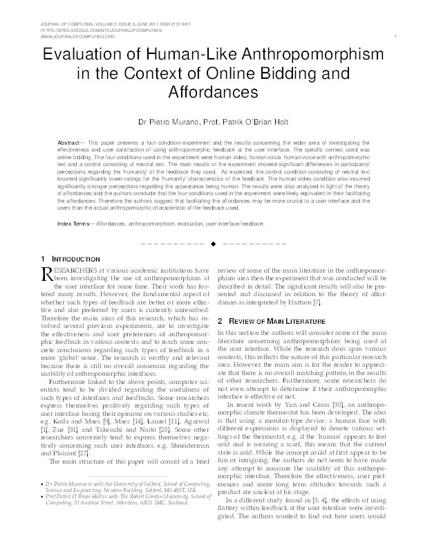 Evaluation of human-like anthropomorphism in the context of online bidding and affordances Thumbnail