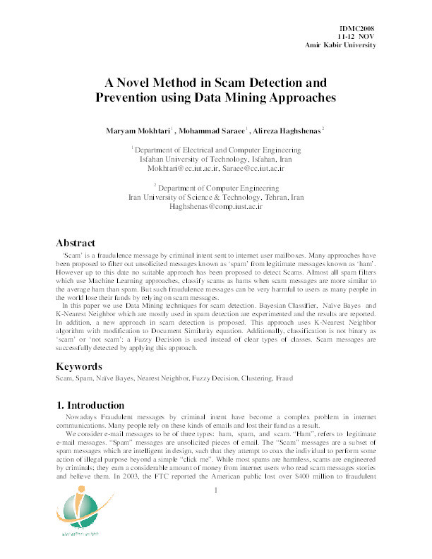 A novel method in scam detection and prevention using data mining approaches Thumbnail