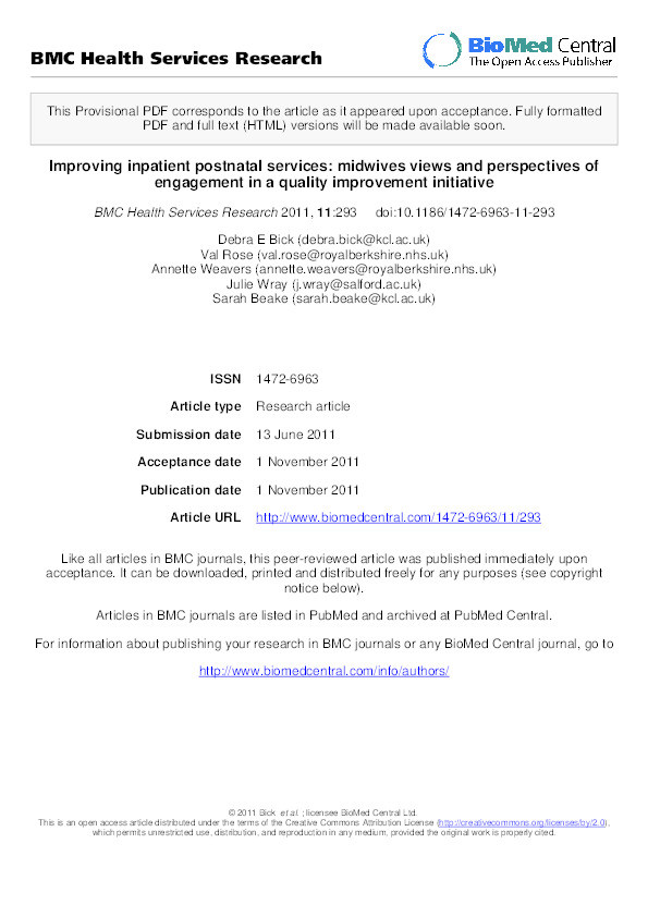 Improving inpatient postnatal services: midwives views and perspectives of engagement in a quality improvement initiative Thumbnail
