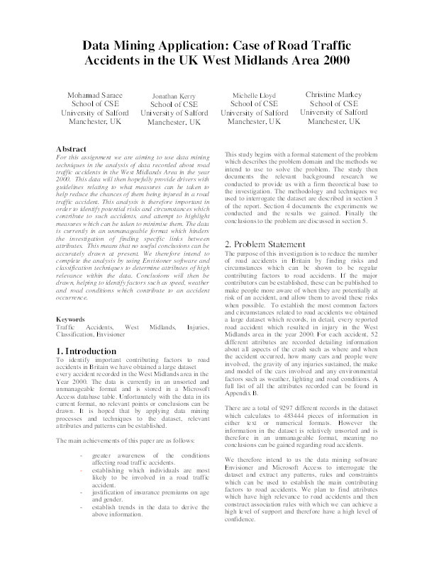 Data mining application : case of road traffic accidents in the UK West Midlands area 2000 Thumbnail