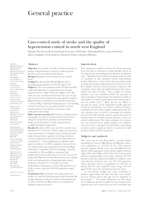 Case-control study of stroke and the quality of hypertension control in north west England Thumbnail