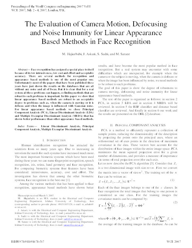 The evaluation of camera motion, defocusing and noise immunity for linear appearance based methods in face recognition Thumbnail