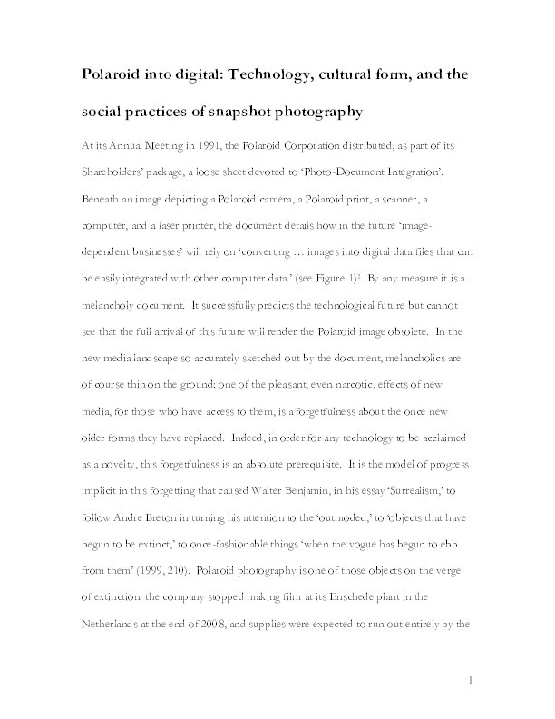 Polaroid after digital: technology, cultural form, and the social practices of snapshot photography Thumbnail