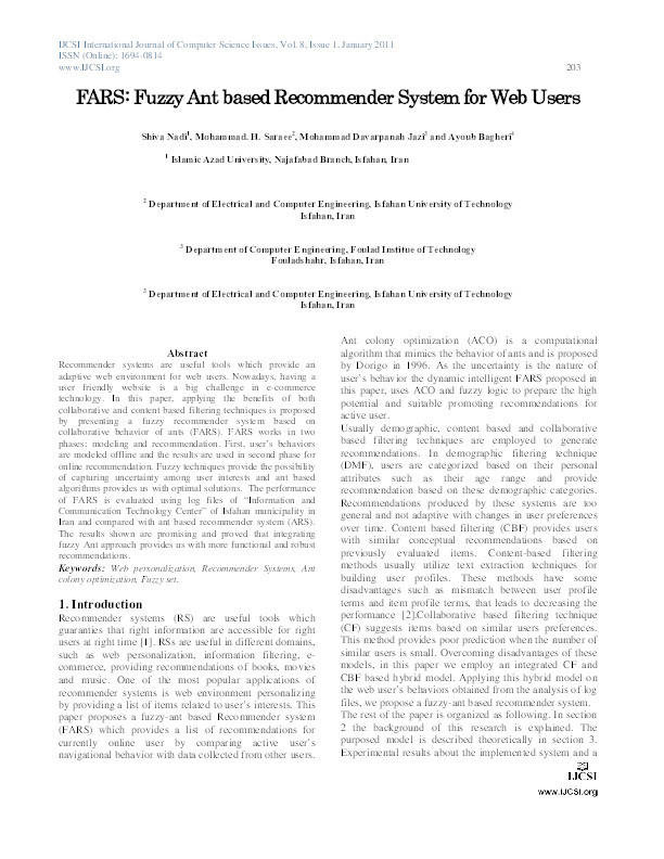 FARS: Fuzzy Ant based Recommender System for Web Users Thumbnail