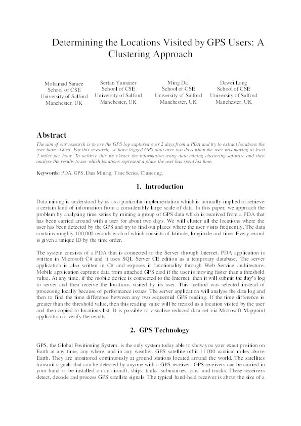 Determining the locations visited by GPS users: a clustering approach Thumbnail