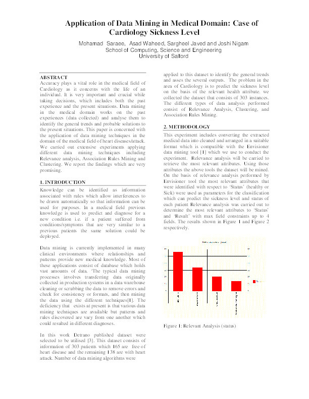 Application of data mining in medical domain: case of cardiology sickness level Thumbnail