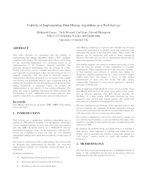 Viability of implementing data mining algorithms as a web service Thumbnail