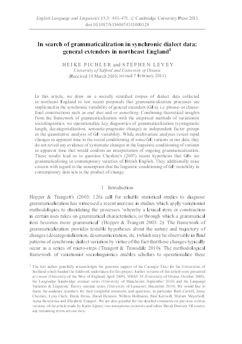 In search of grammaticalization in synchronic dialect data: General extenders in north-east England Thumbnail