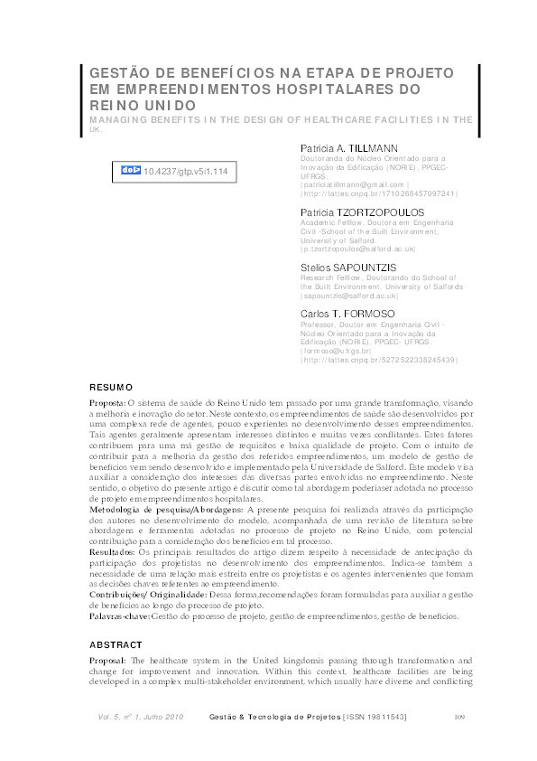 Gestao de beneficios na etapa de projecto em empreendimentos hospitalares do reino unido [Managing benefits in the design of healthcare favilities in the UK] Thumbnail