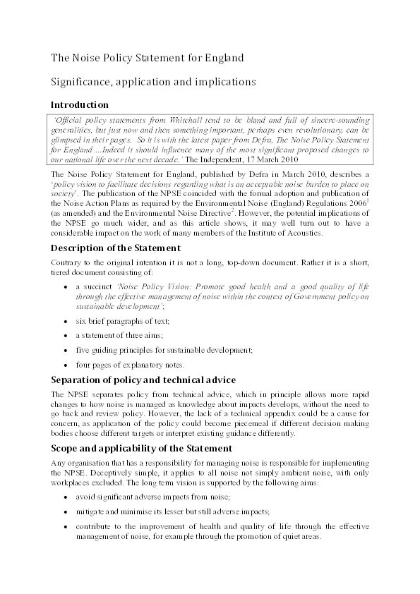 The noise policy statement for England : significance, application and implications Thumbnail