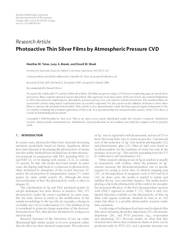 Photoactive thin silver films by atmospheric pressure CVD Thumbnail