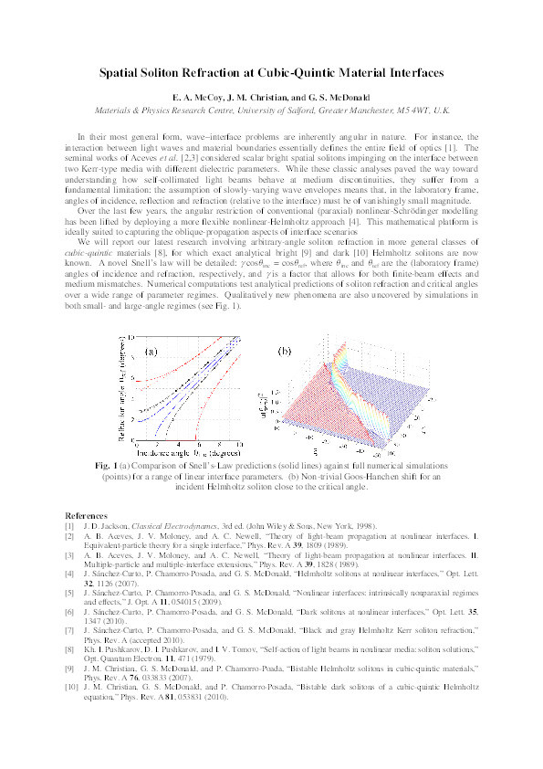 Spatial soliton refraction at cubic-quintic material interfaces Thumbnail