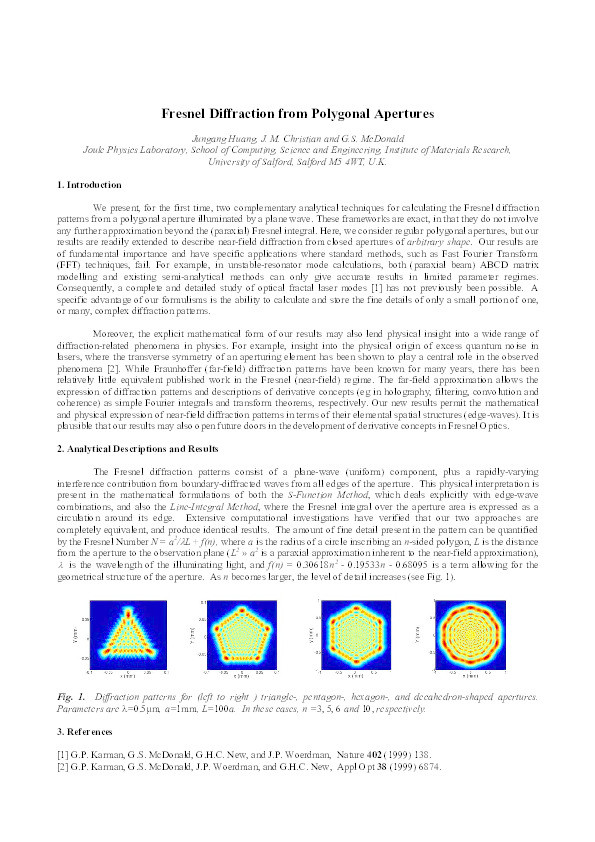 Fresnel diffraction from polygonal apertures Thumbnail