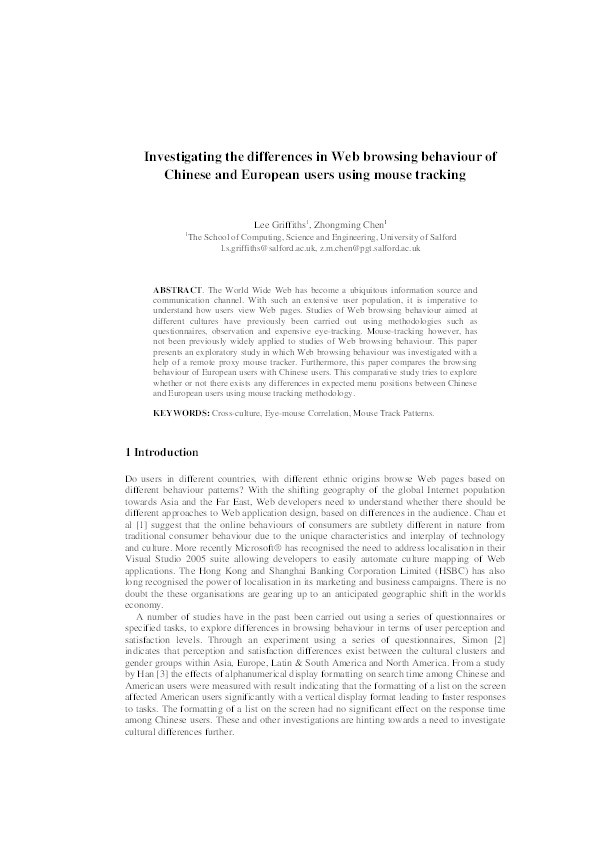 Investigating the differences in web browsing behaviour of Chinese and European users using mouse tracking Thumbnail