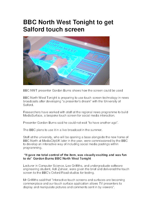 BBC North West Tonight to get Salford touch screen Thumbnail