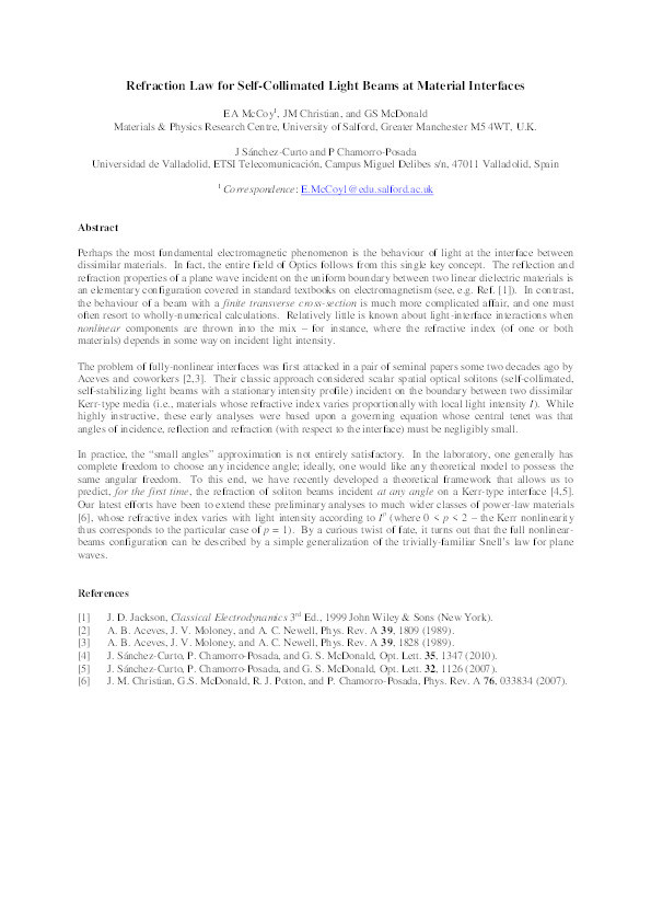 Refraction law for self-collimated light beams at material interfaces Thumbnail