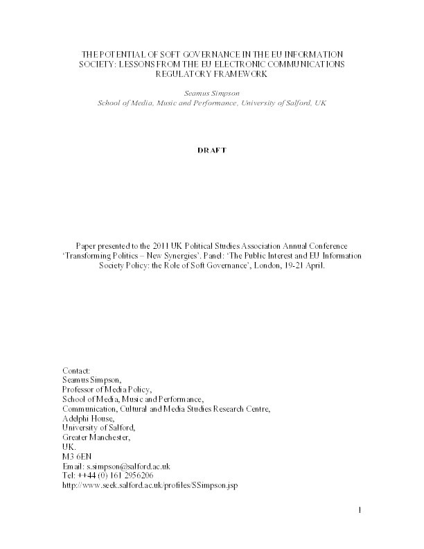 The potential of soft governance in the EU information society: lessons from the EU electronic communications regulatory framework Thumbnail