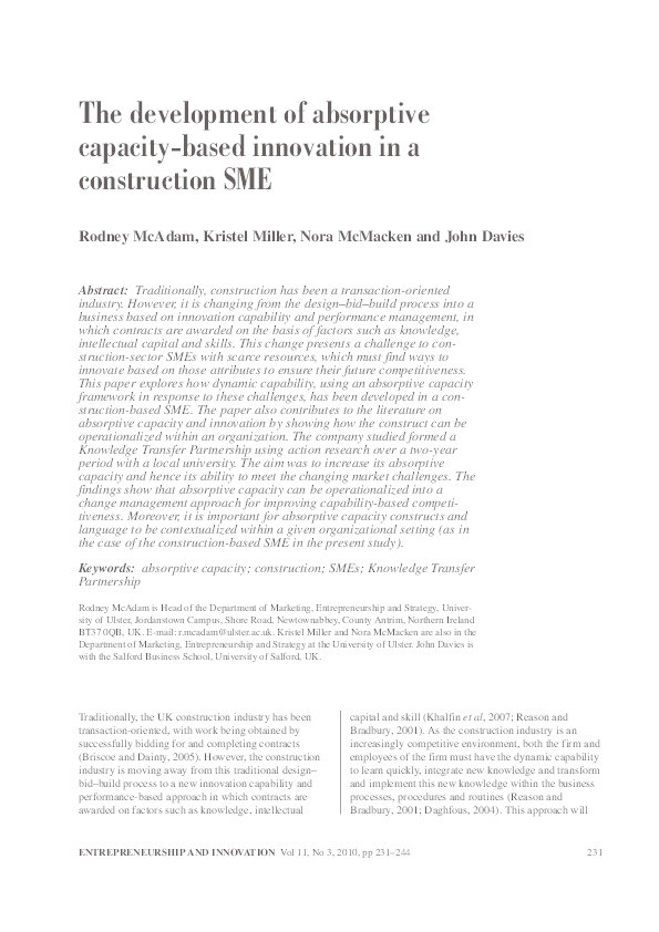 The development of absorptive capacity-based innovation in a construction SME Thumbnail