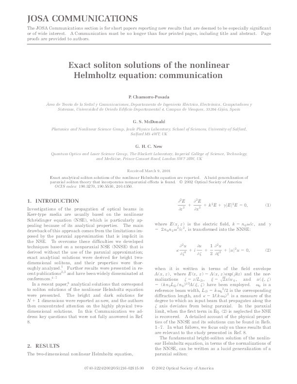 Exact soliton solutions of the nonlinear Helmholtz equation: communication Thumbnail