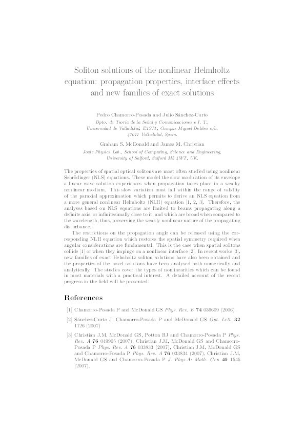 Soliton solutions of the nonlinear Helmholtz equation: propagation properties, interface effects and new families of exact solutions Thumbnail