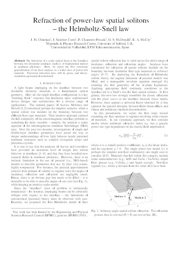 Refraction of power-law spatial solitons – the Helmholtz-Snell law Thumbnail
