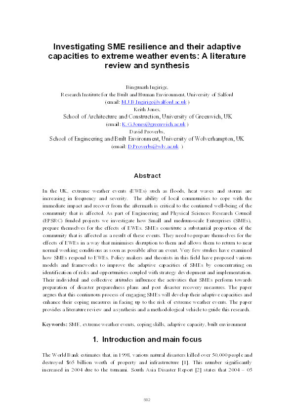 Investigating SME resilience and their adaptive capacities to extreme weather events: A literature review and synthesis Thumbnail