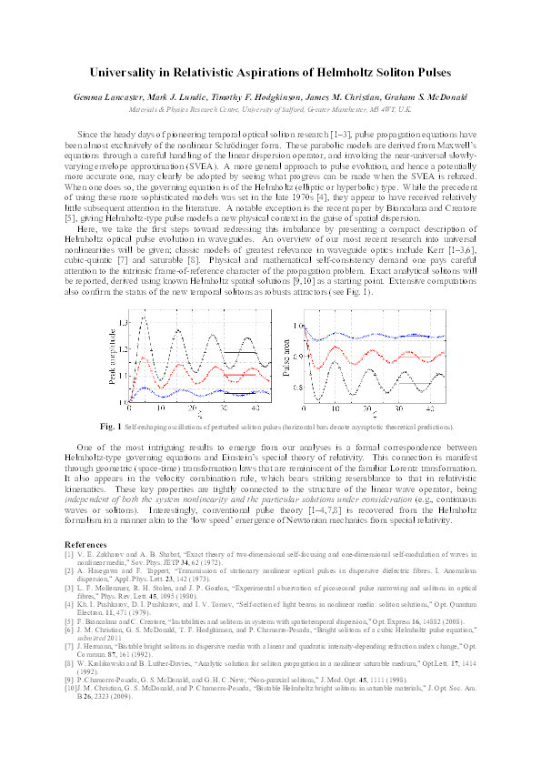 Universality in relativistic aspirations of helmholtz soliton pulses Thumbnail