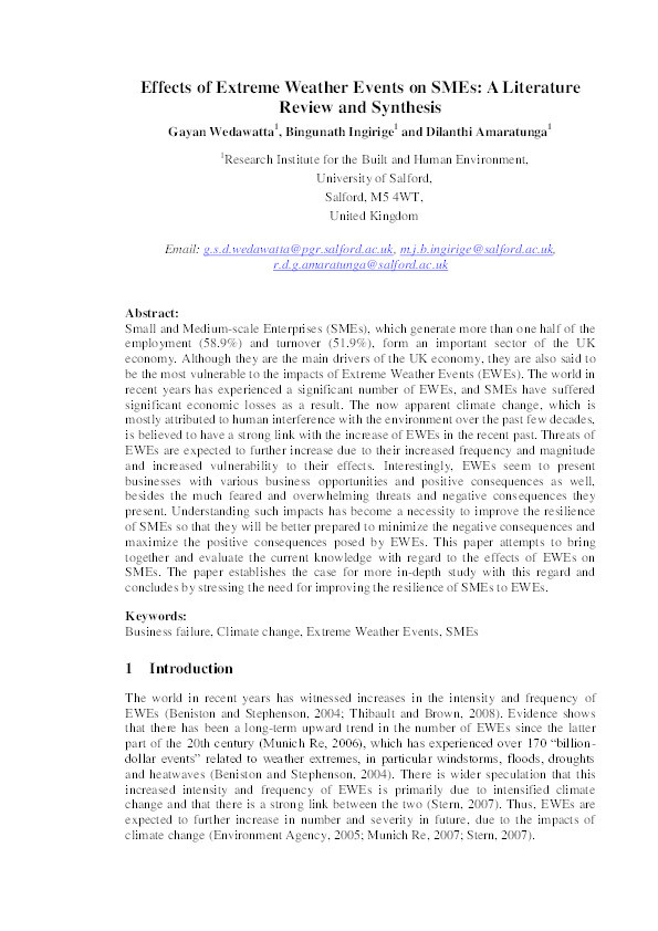 Effects of extreme weather events on smes: a literature review and synthesis Thumbnail