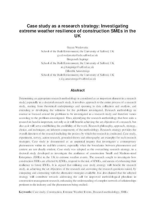 Case study as a research strategy: Investigating extreme weather resilience of construction SMEs in the UK Thumbnail